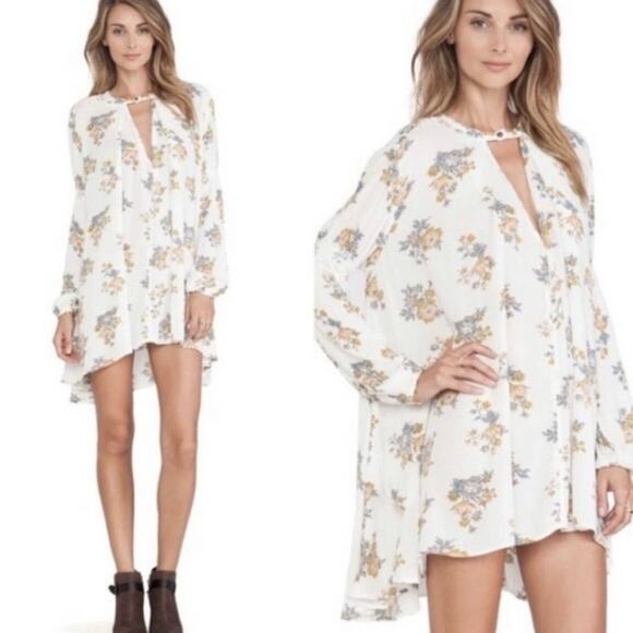 Free People White Gardenia Retro Print Tunic Mini Swing Dress size S - Picture 1 of 14